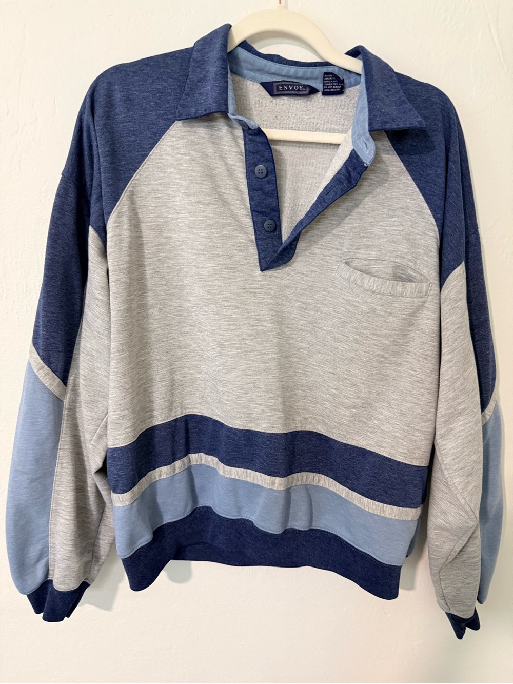 Vintage 80s Envoy Colorblock Unisex Polo Sweatshirt Pullover Blue Gray Size L